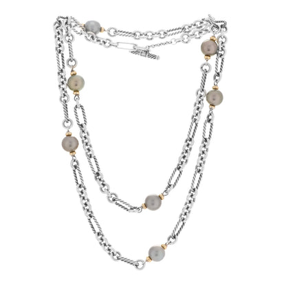 David Yurman Sterling Silver 18K Yellow Gold Tahitian Pearl Long Figaro Chain Necklace 3 of 5