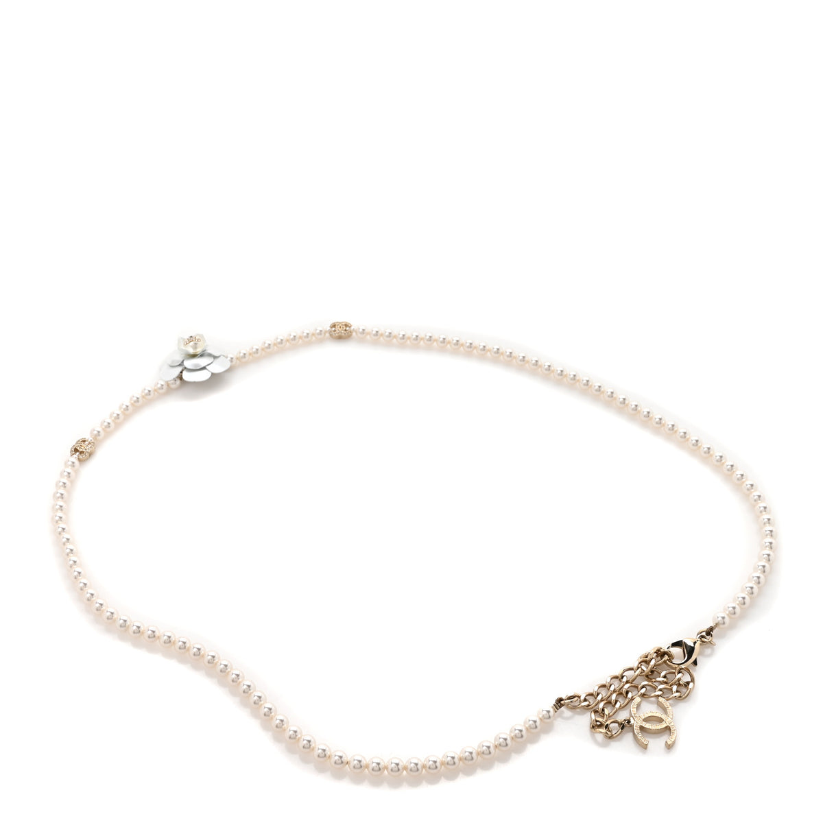 Pearl Crystal Camellia Chain Belt Gold White
