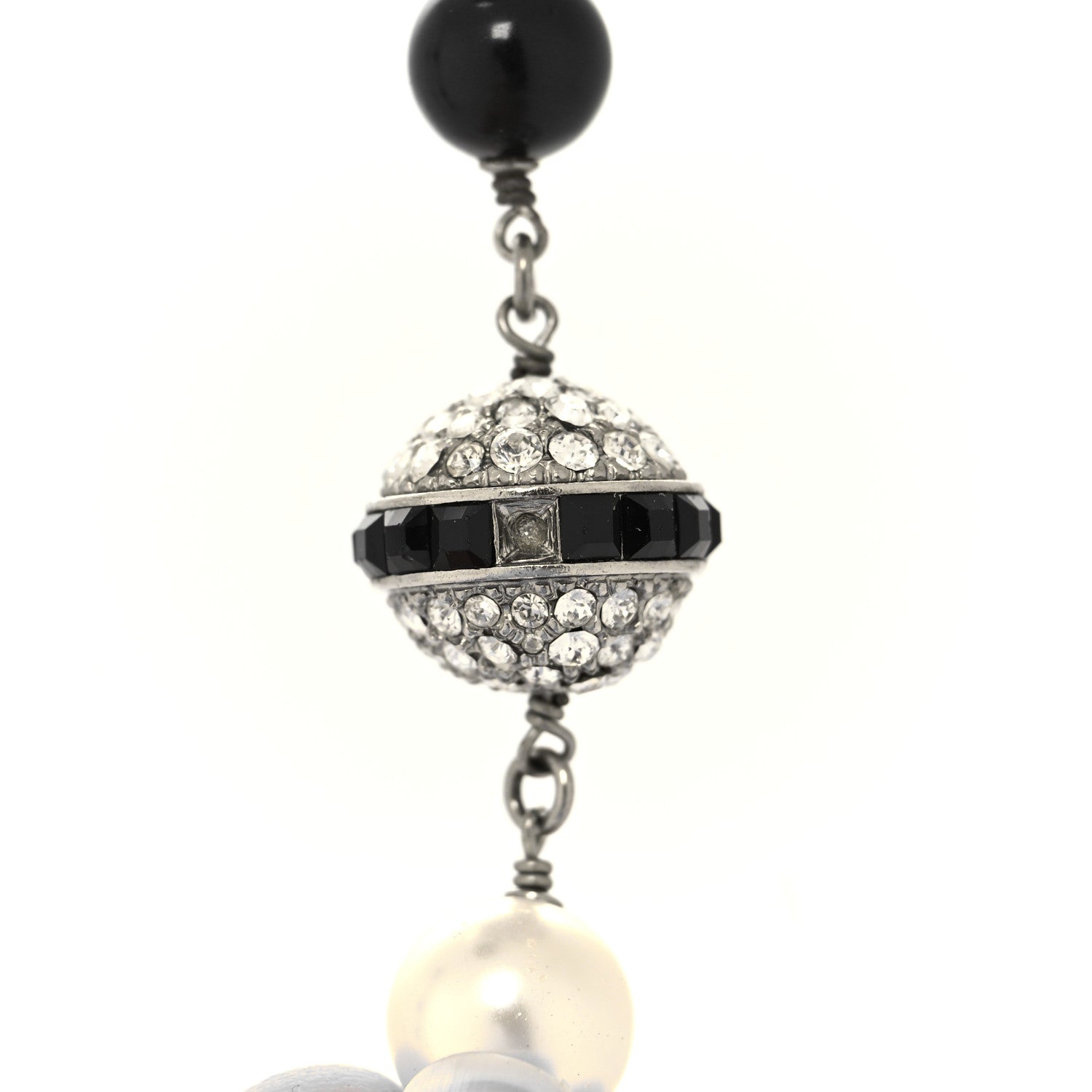 Chanel Metal Pearl Crystal Bead CC Long Necklace Silver Black 7 of 7