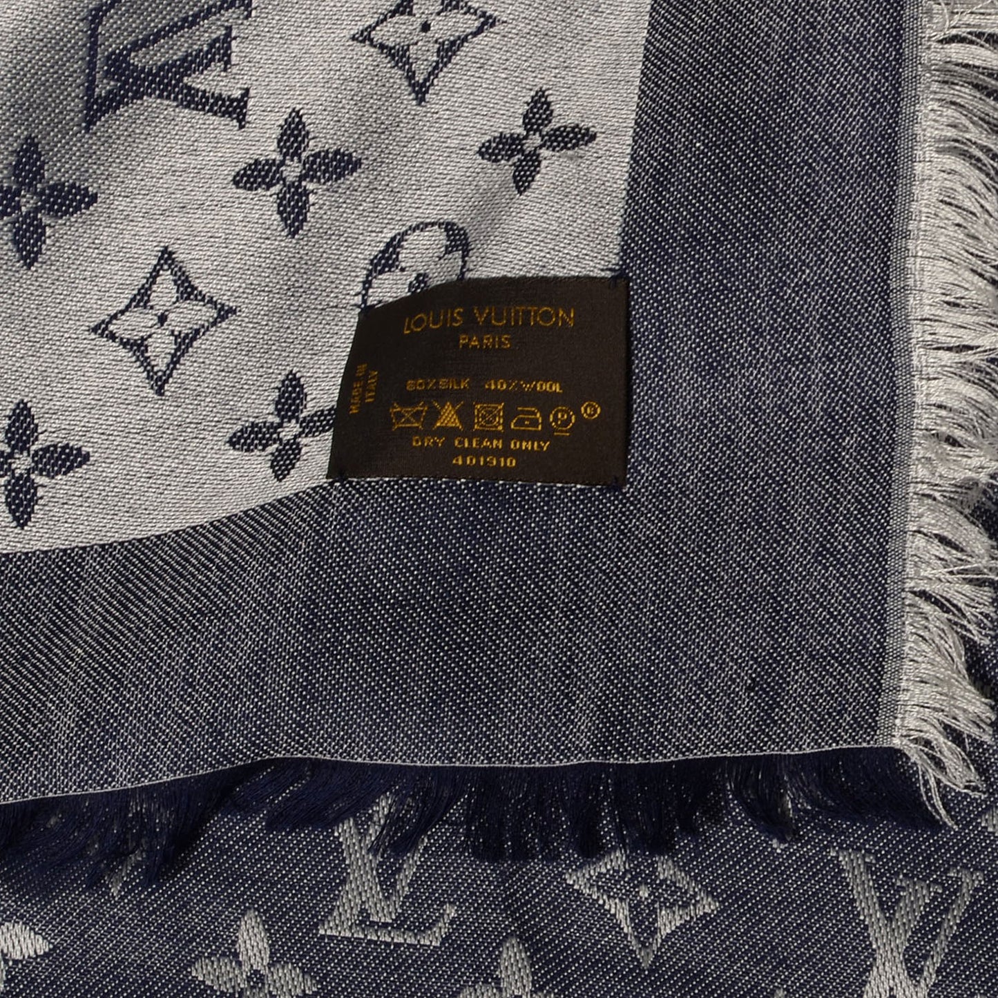 Wool Silk Monogram Denim Shawl Blue