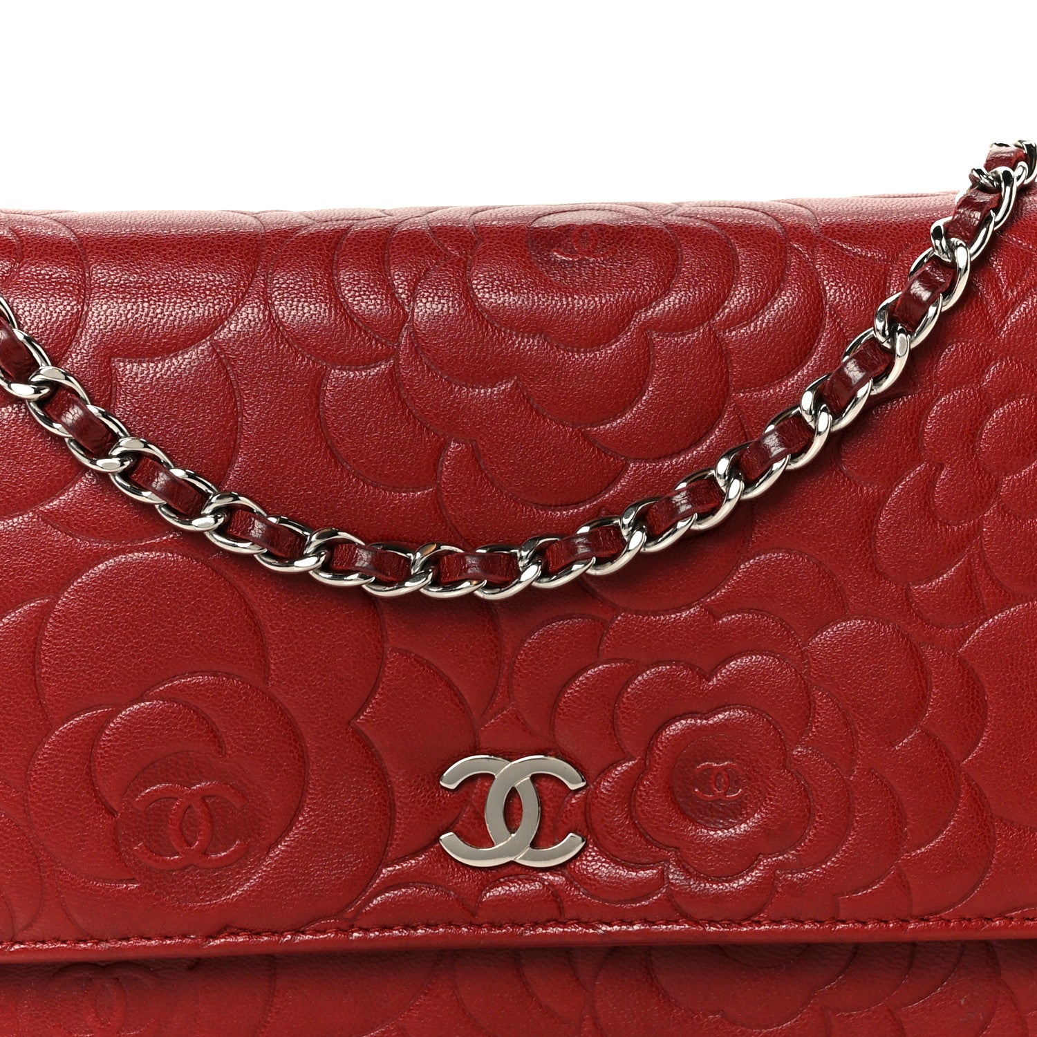 Chanel Lambskin Camellia Embossed Wallet on Chain WOC Red 9 of 11