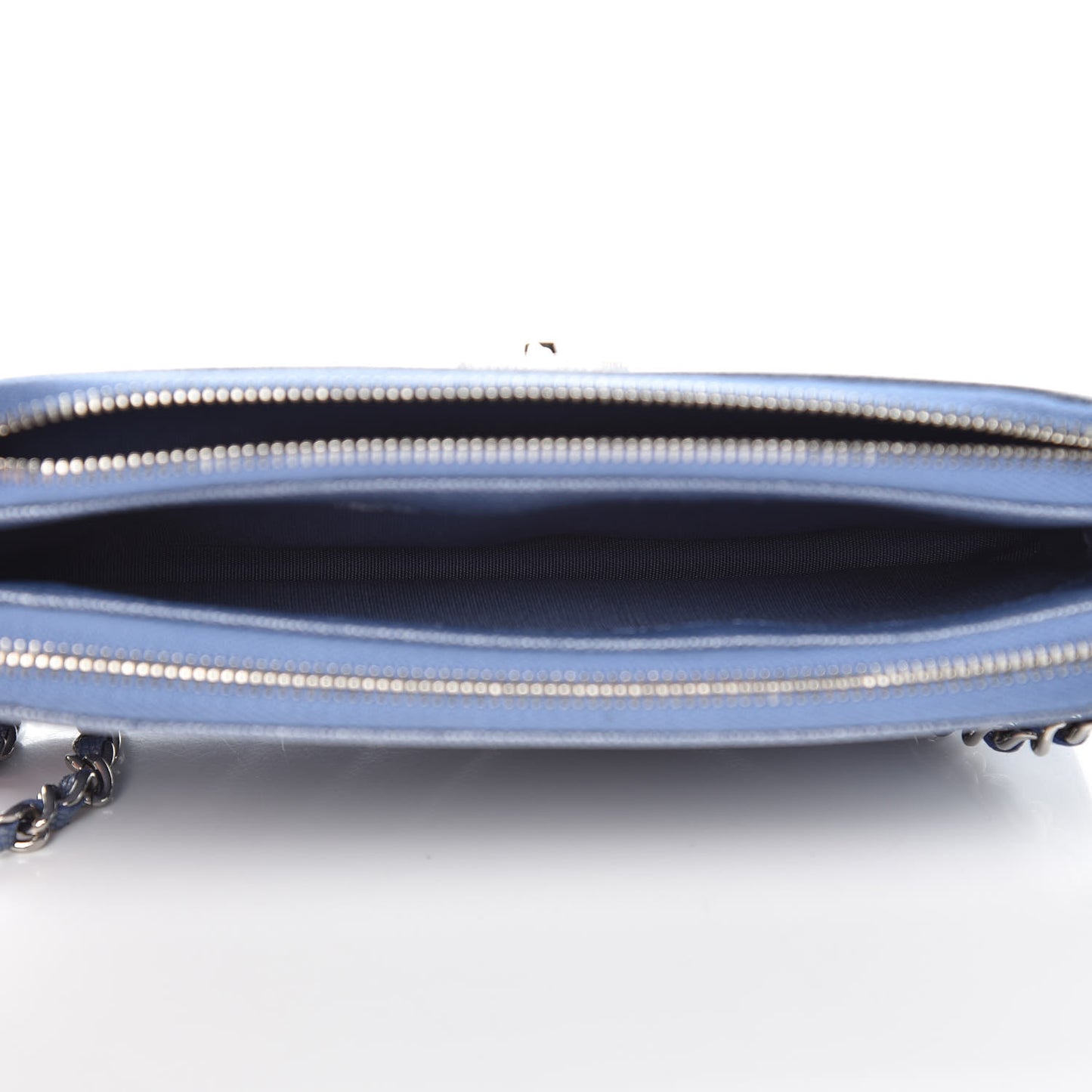 Metallic Caviar Chevron Quilted Small Vintage Mademoiselle Clutch With Chain Light Blue