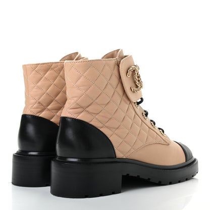 Chanel Shiny Lambskin Quilted Lace Up Combat Boots 41 Beige Black 4 of 8