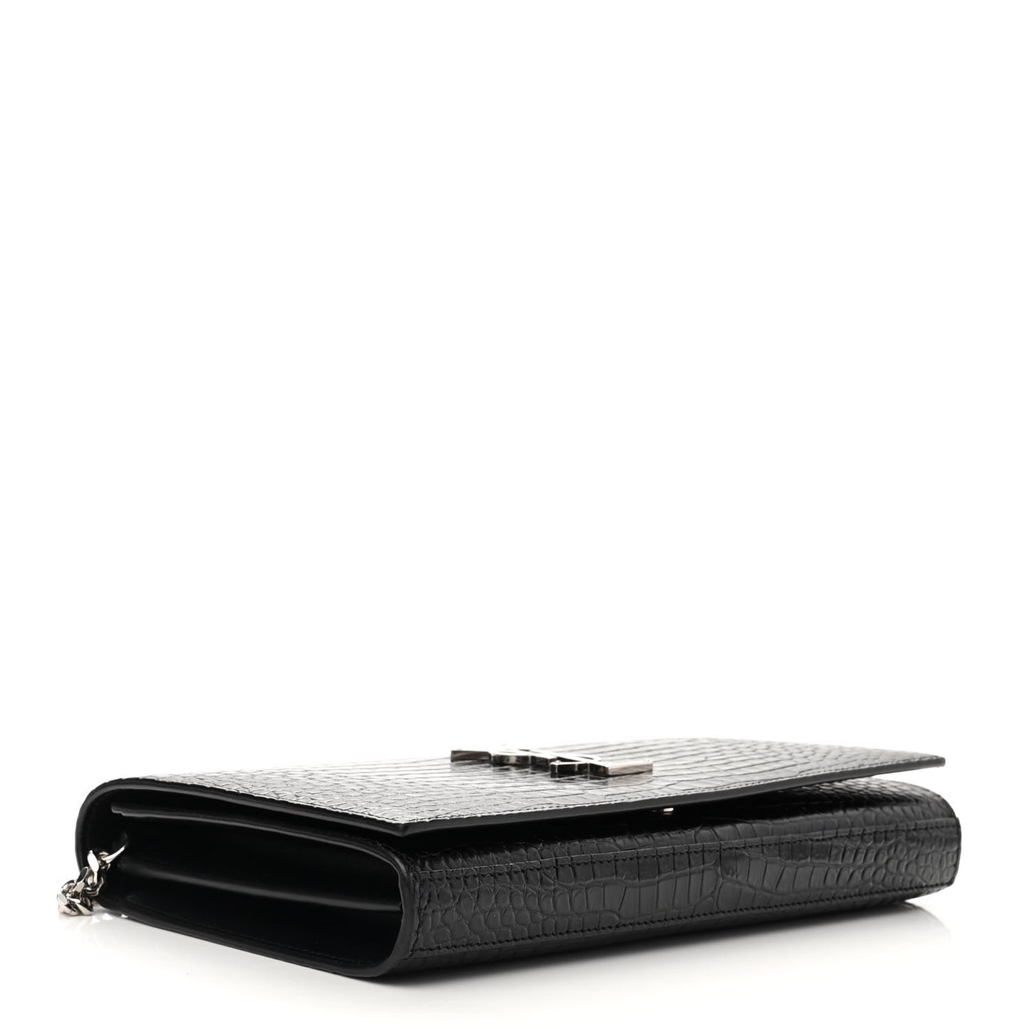 Calfskin Crocodile Embossed Monogram Chain Wallet Black