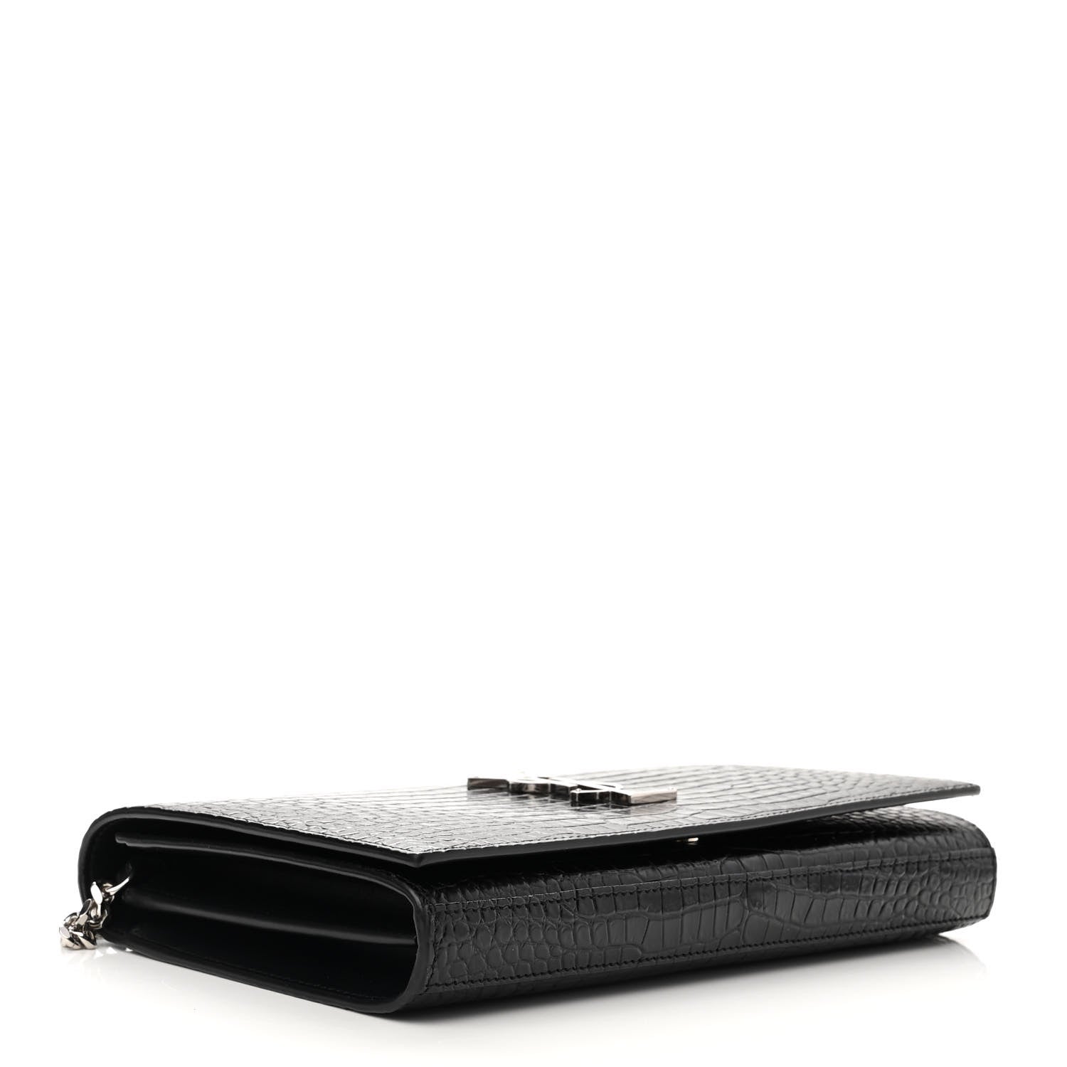 Saint Laurent Calfskin Crocodile Embossed Monogram Chain Wallet Black 4 of 12