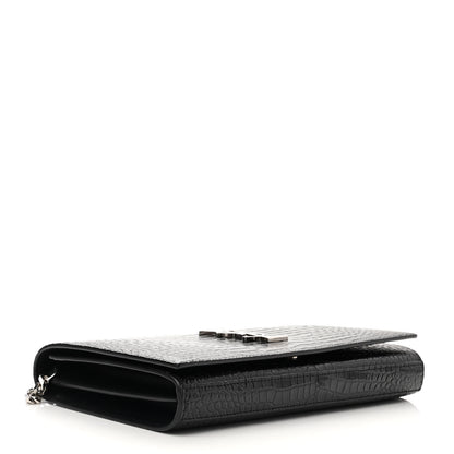 Saint Laurent Calfskin Crocodile Embossed Monogram Chain Wallet Black 4 of 12