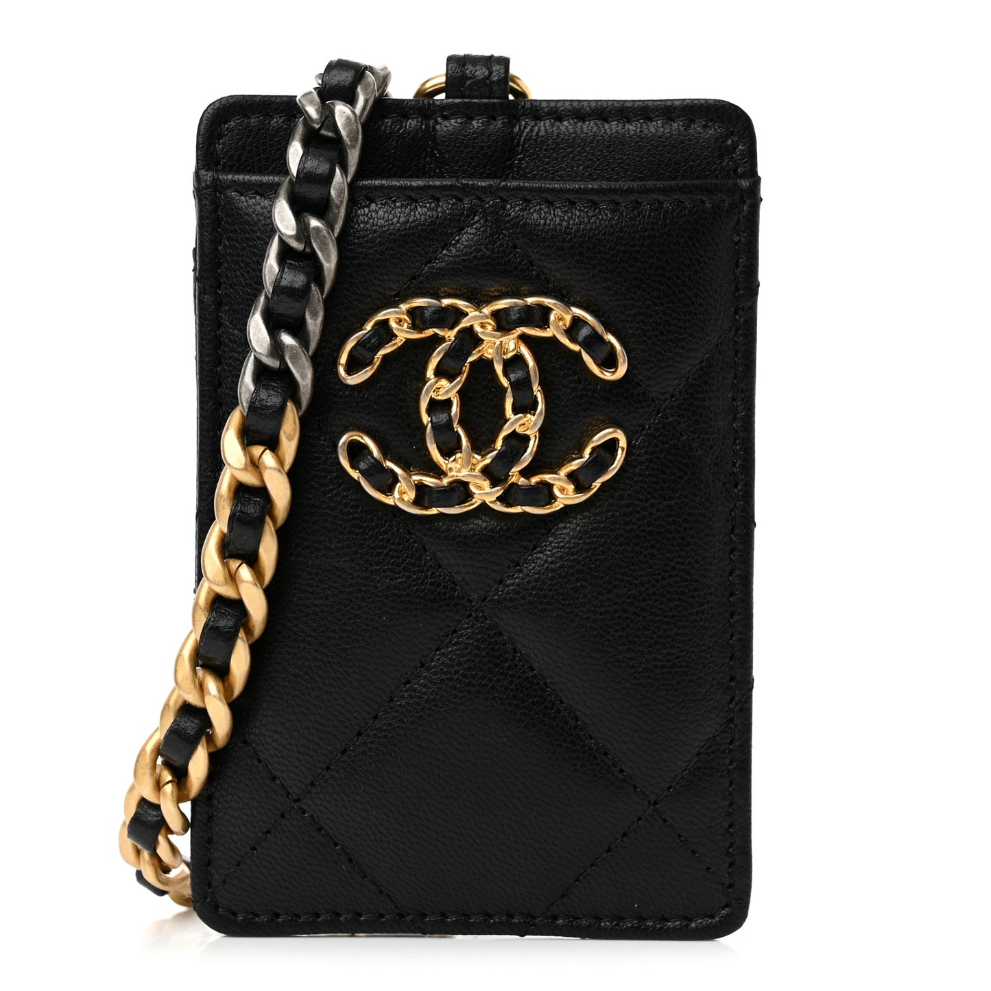 Shiny Goatskin Quilted Chanel 19 Card Holder On Chain Black