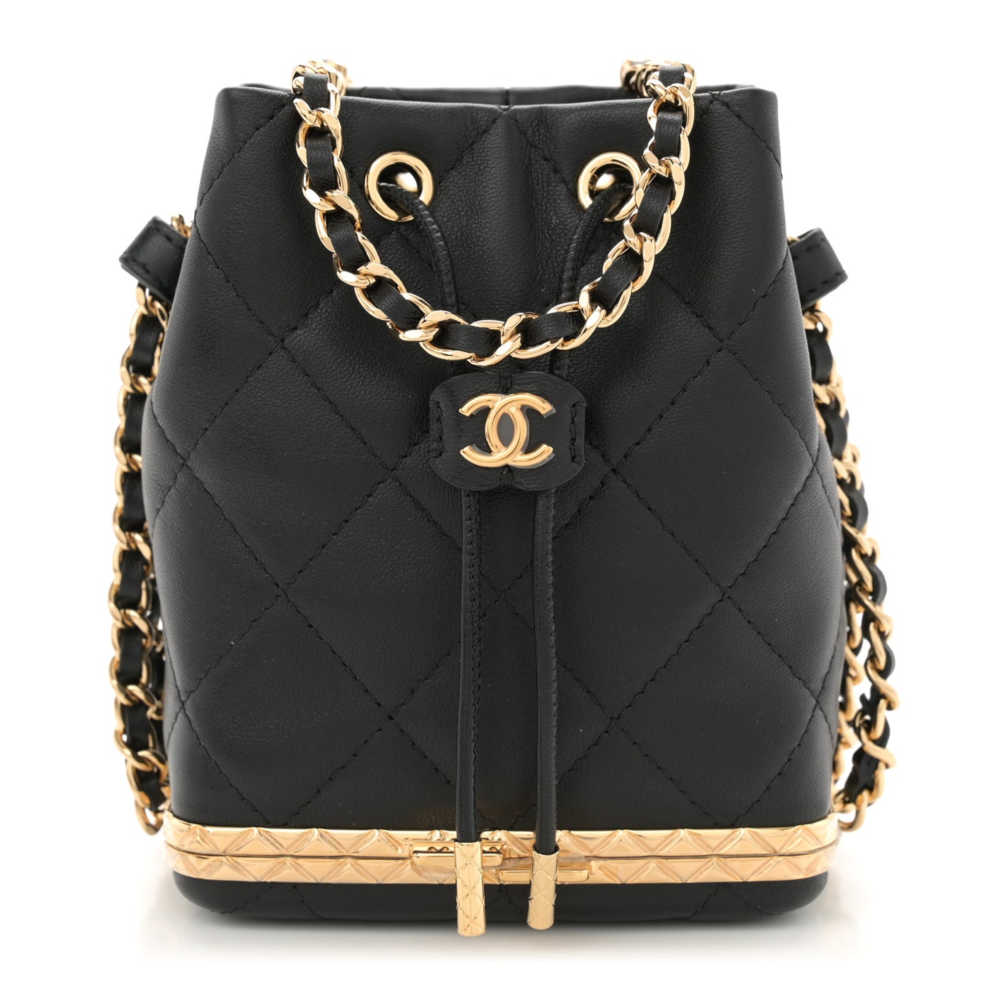 Metal Lambskin Quilted Small Chain Bucket Bag Black