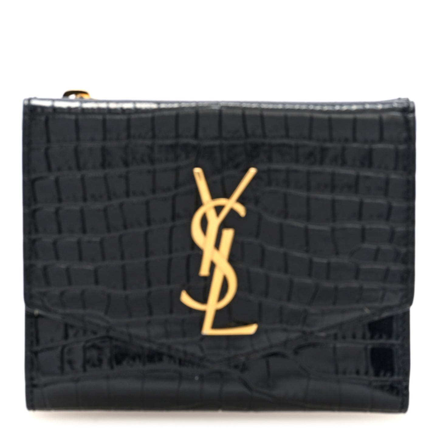 Shiny Calfskin Crocodile Embossed Monogram Uptown Compact Wallet Black