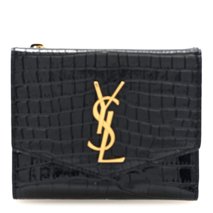 Saint Laurent Shiny Calfskin Crocodile Embossed Monogram Uptown Compact Wallet Black 1 of 7