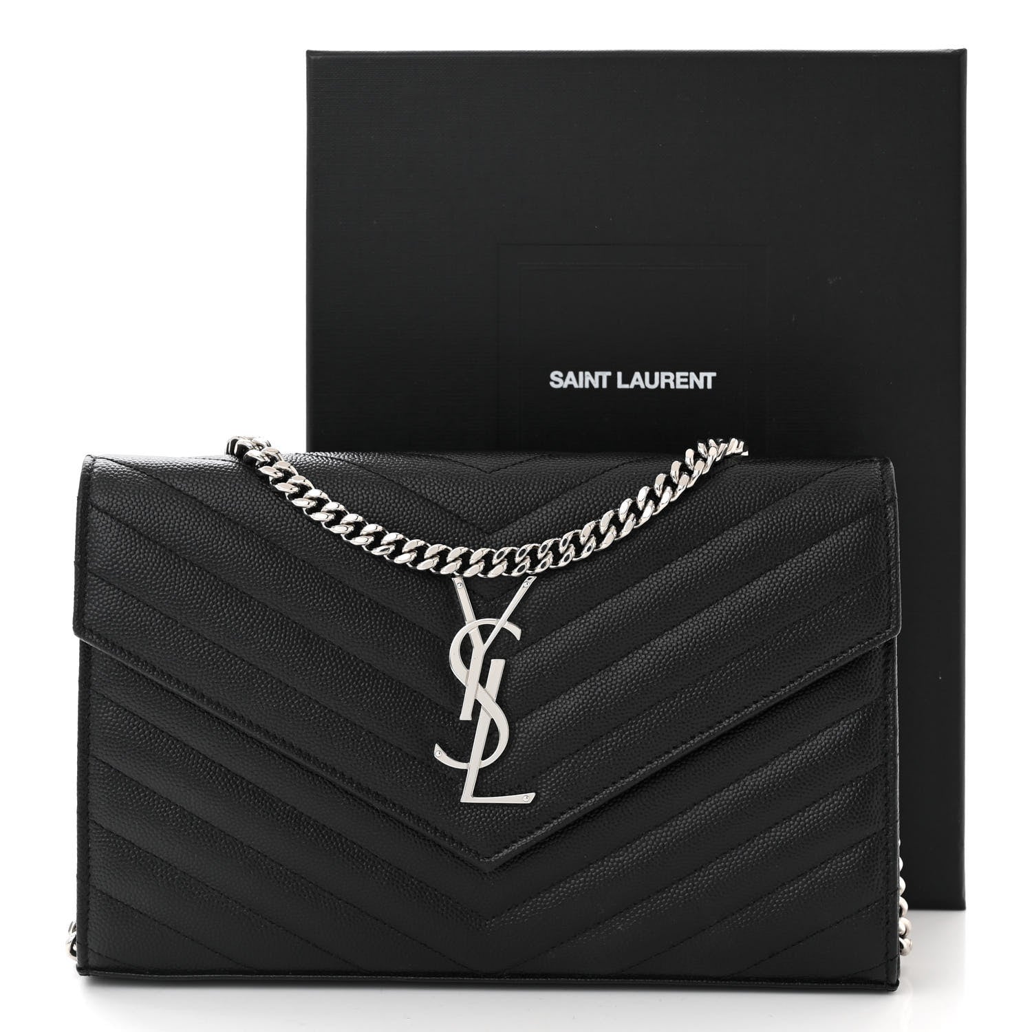 Saint Laurent Grain De Poudre Matelasse Chevron Monogram Chain Wallet Black 10 of 10