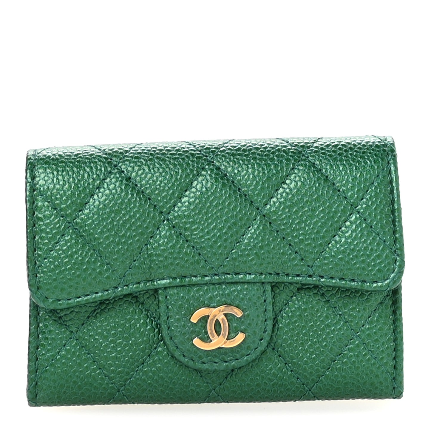 Metallic Caviar Quilted Flap Card Holder Wallet Green
