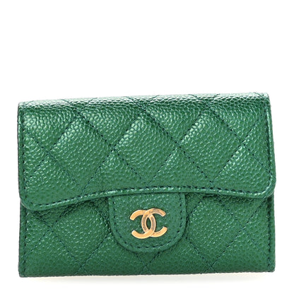 Chanel Metallic Caviar Quilted Flap Card Holder Wallet Green 1 of 9