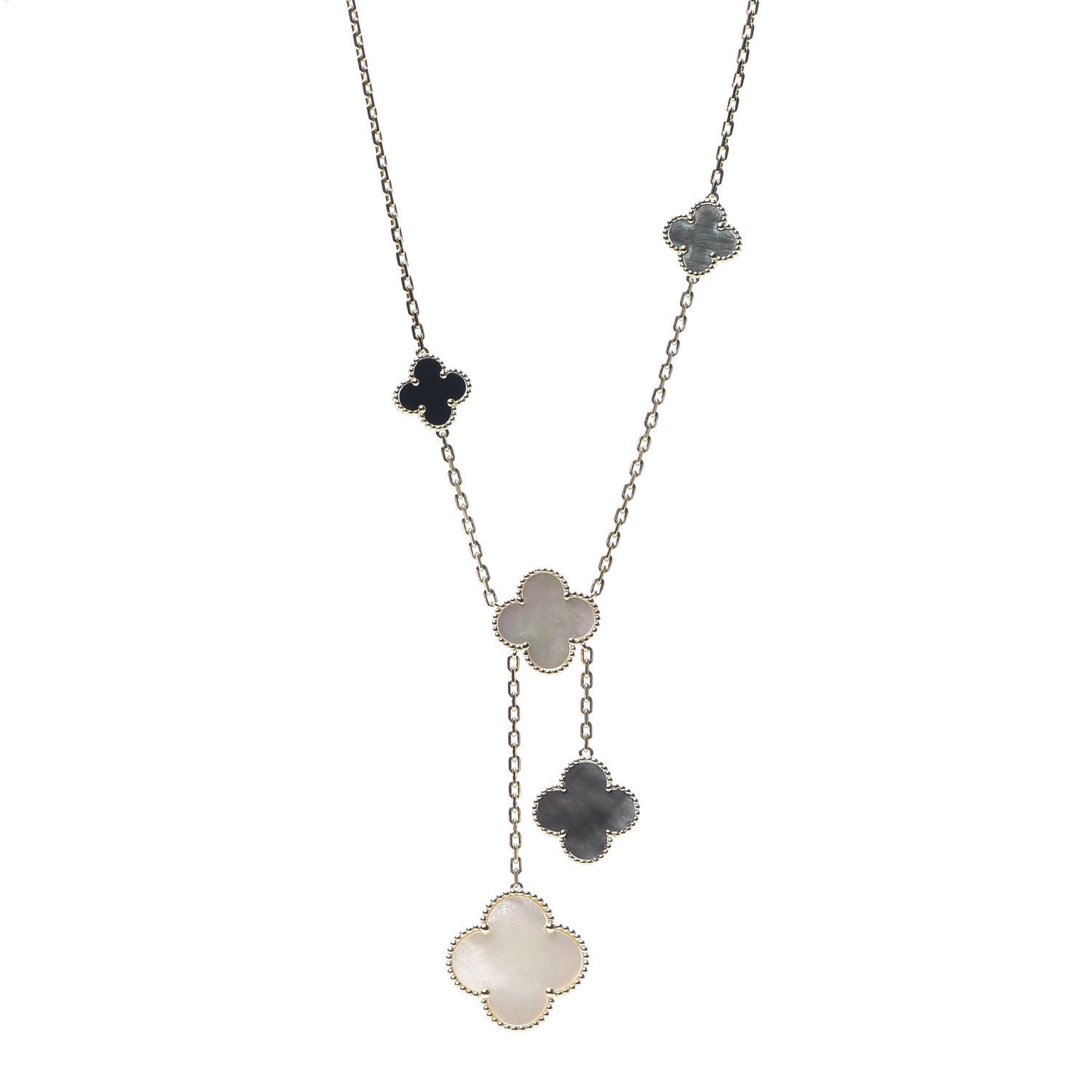 18K Yellow Gold Mother of Pearl Onyx 6 Motifs Magic Alhambra Necklace