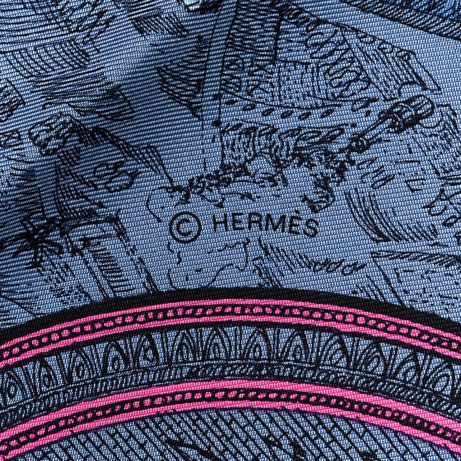 Hermes Silk Twill La Cite Cavaliere Scarf 90 Bleu Jean Rose Gris 3 of 4