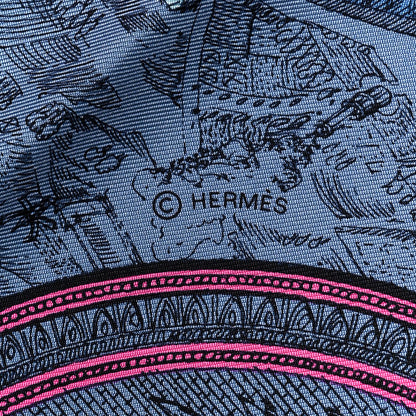 Hermes Silk Twill La Cite Cavaliere Scarf 90 Bleu Jean Rose Gris 3 of 4