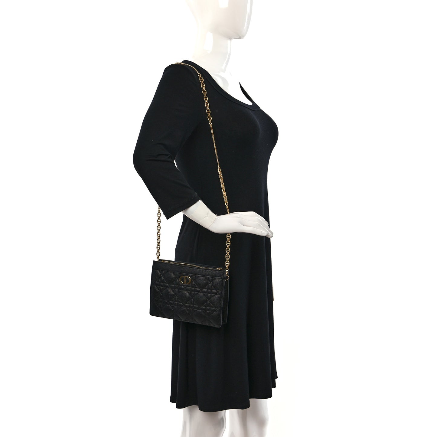 Calfskin Cannage Caro Zipped Pouch With Chain Black