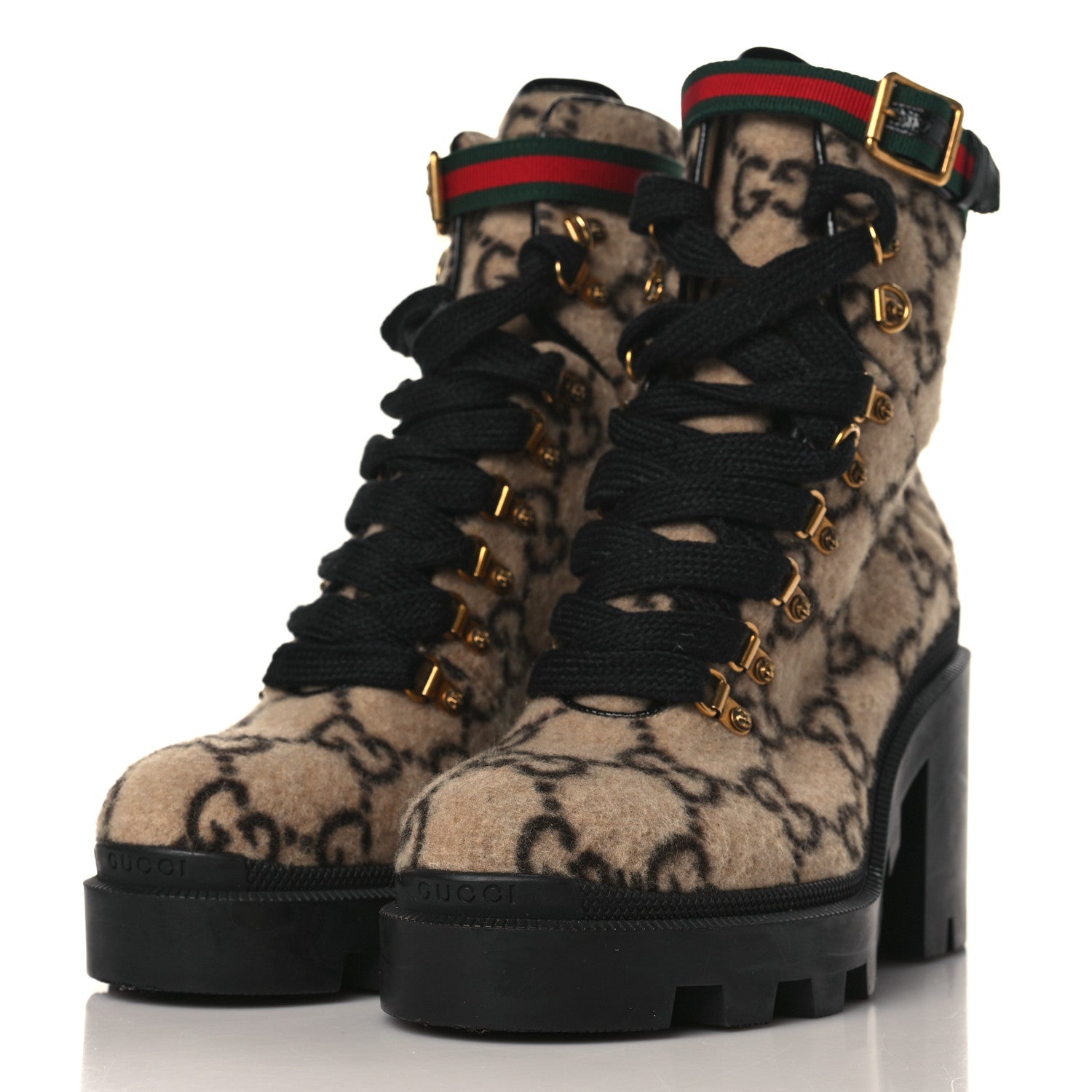 Gucci Covered Wool GG Monogram Womens Lace Up Combat Ankle Boots 40 Beige Ebony Black 3 of 10