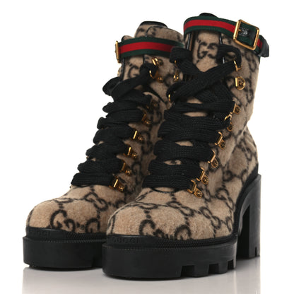 Gucci Covered Wool GG Monogram Womens Lace Up Combat Ankle Boots 40 Beige Ebony Black 3 of 10