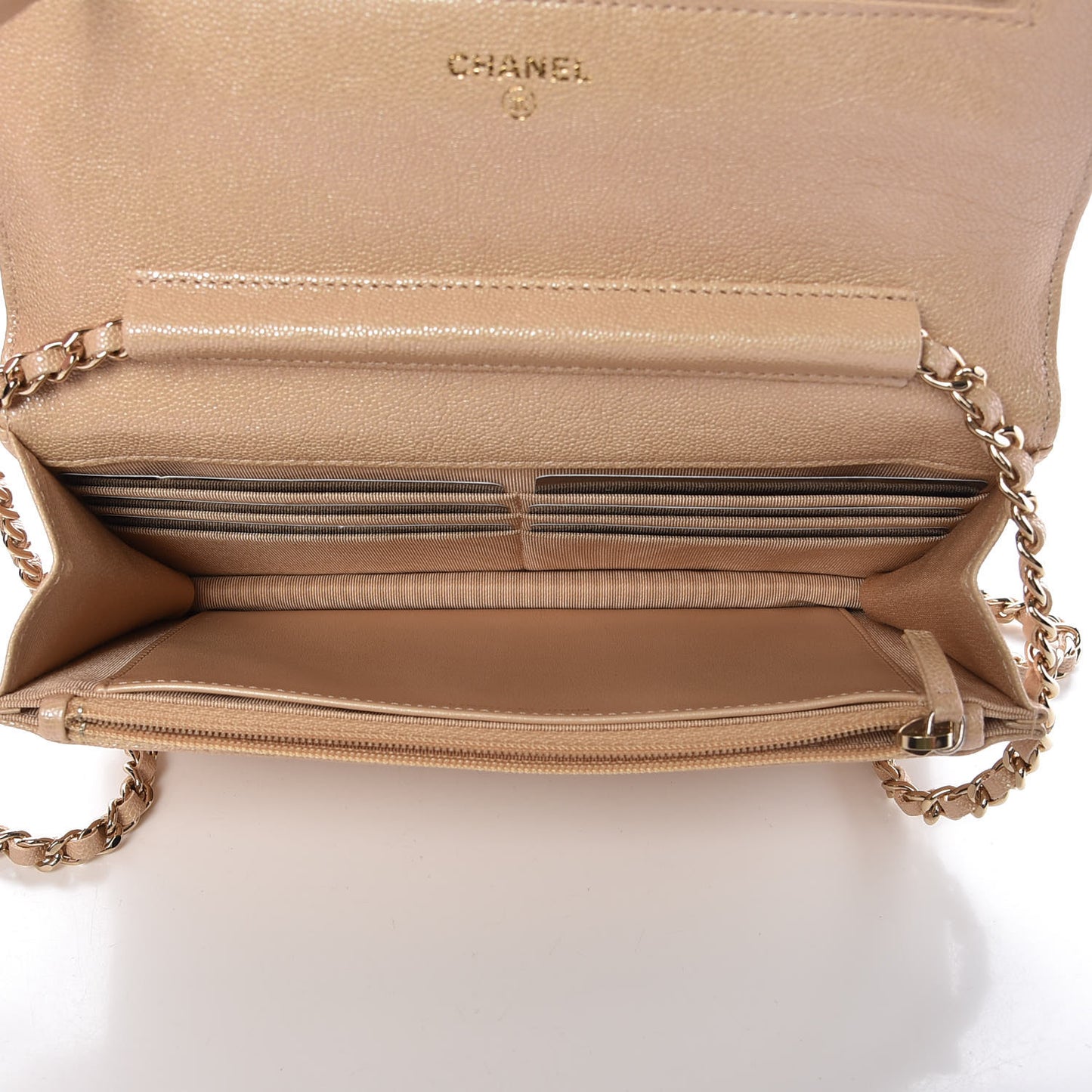Iridescent Caviar Quilted Wallet On Chain WOC Beige