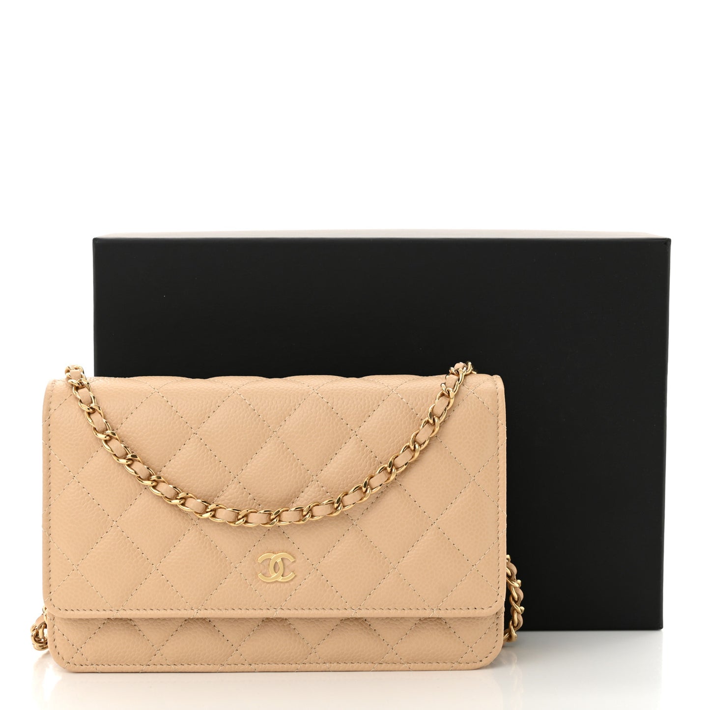 Caviar Quilted Wallet on Chain WOC Beige