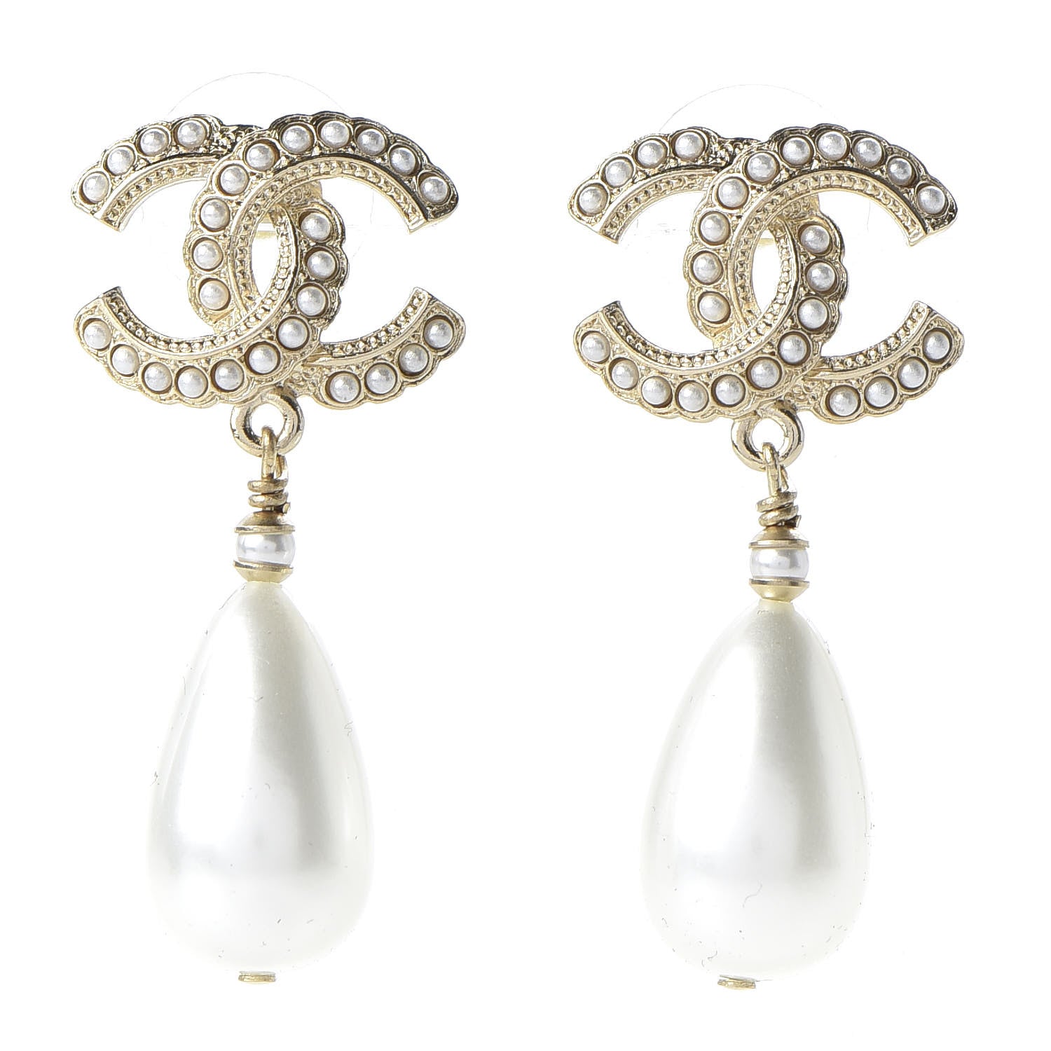 Chanel Pearl CC Drop Earrings Gold Pearly White 1 of 5