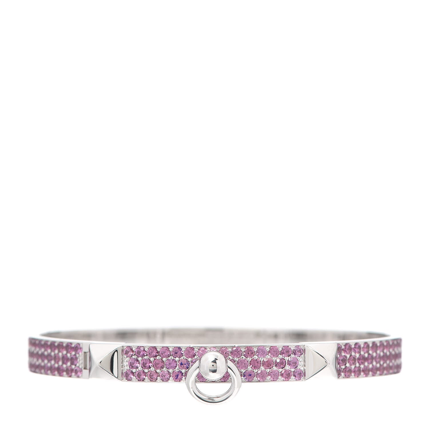 Hermes 18K White Gold Pink Sapphire PM Collier De Chien Full Pave Bracelet ST 1 of 6