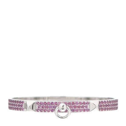 Hermes 18K White Gold Pink Sapphire PM Collier De Chien Full Pave Bracelet ST 1 of 6