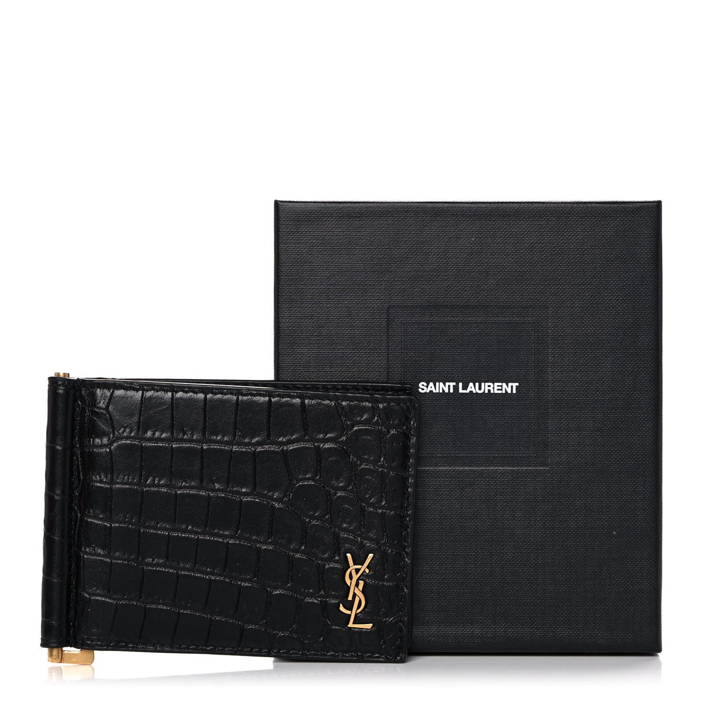 Calfskin Crocodile Embossed Tiny Monogram Bill Clip Wallet Black