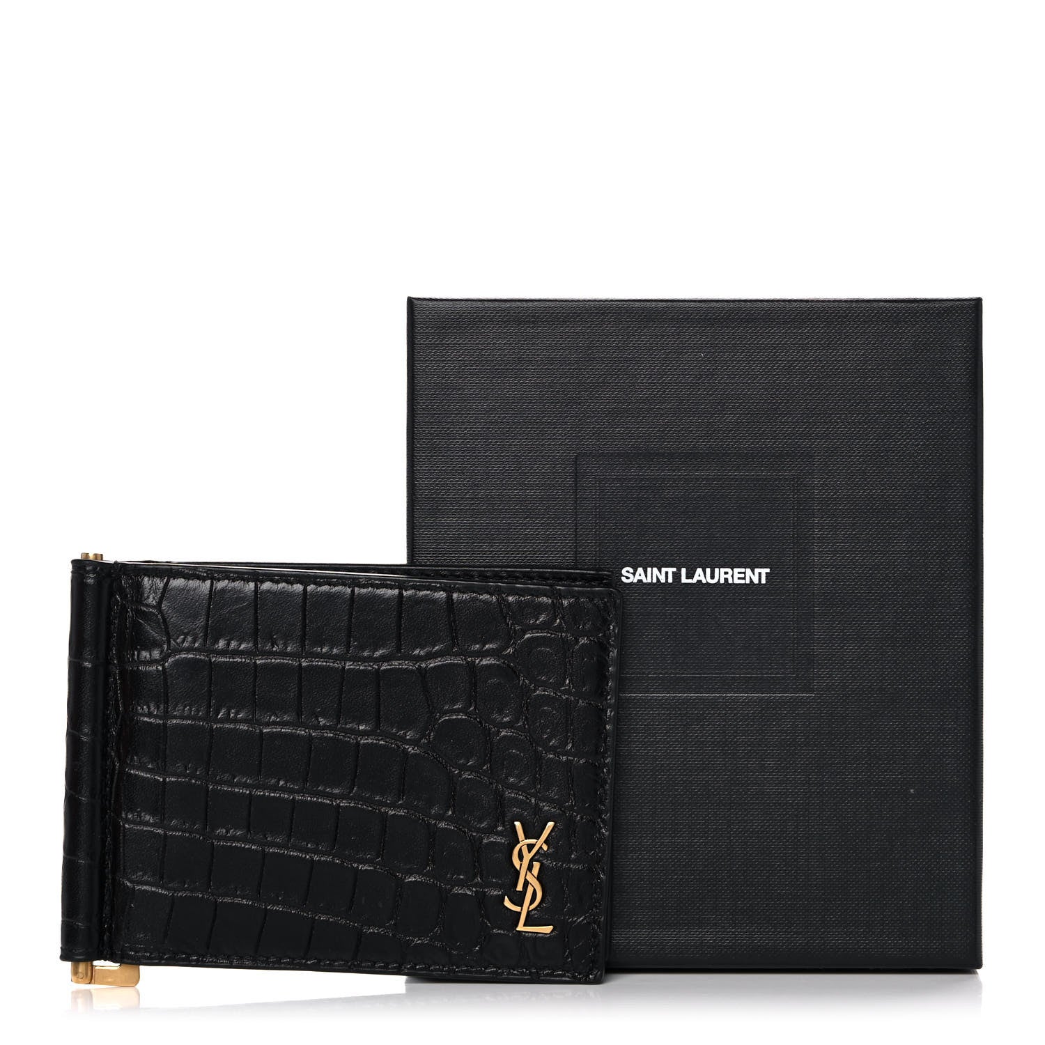 Saint Laurent Calfskin Crocodile Embossed Tiny Monogram Bill Clip Wallet Black 10 of 10