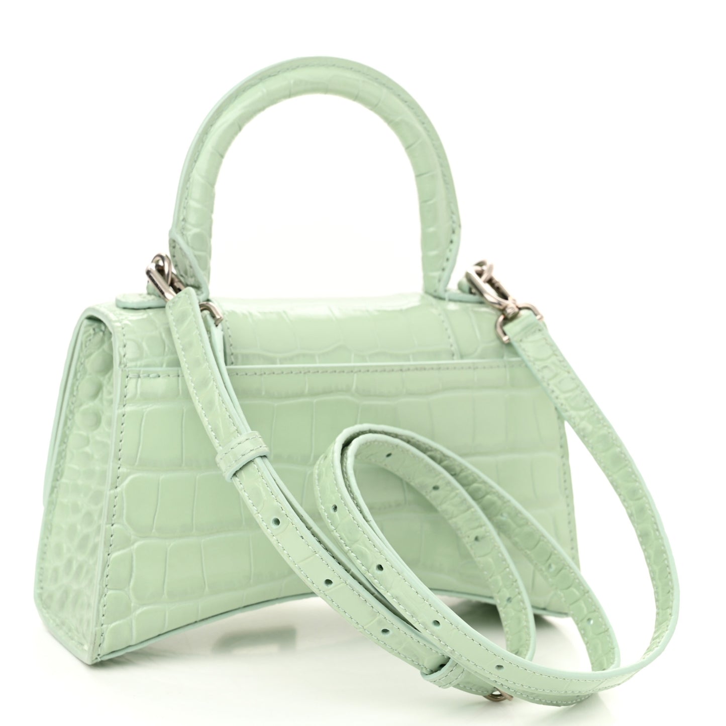 Shiny Calfskin Crocodile Embossed Hourglass Top Handle Bag XS Light Green
