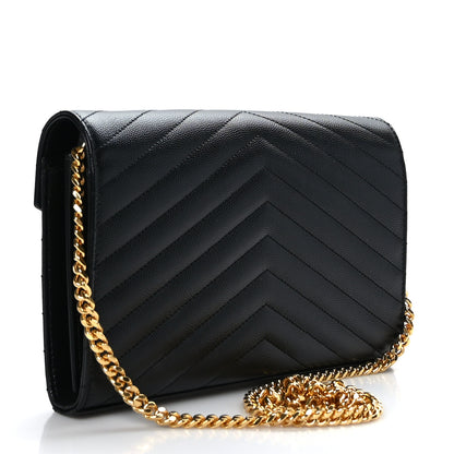 Saint Laurent Grain De Poudre Matelasse Chevron Monogram Chain Wallet Black 3 of 8