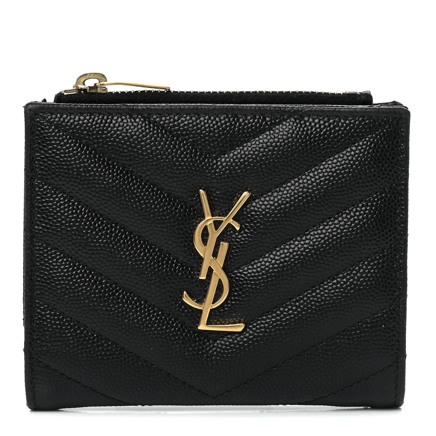 Saint Laurent Grain De Poudre Matelasse Chevron Monogram Zipped Card Case Black 1 of 10