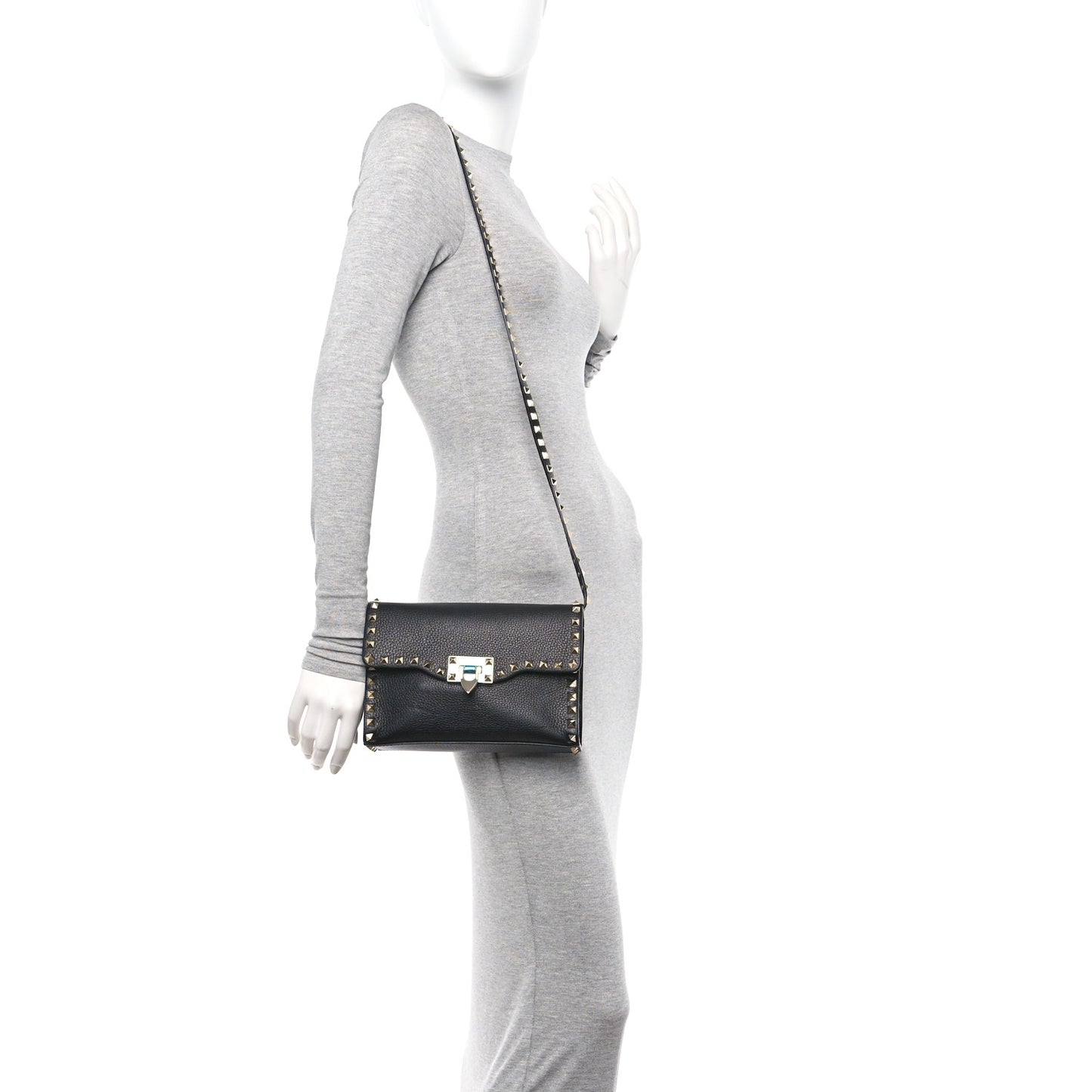 Pebbled Calfskin Medium Rockstud Flip Lock Crossbody Bag Black