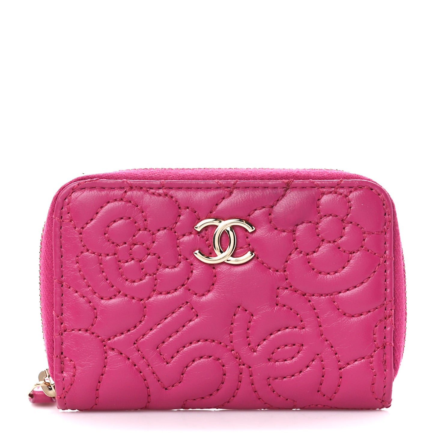 Lambskin Camellia Embossed Zip Coin Purse Fuchsia