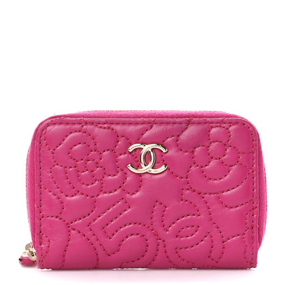 Chanel Lambskin Camellia Embossed Zip Coin Purse Fuchsia 1 of 10
