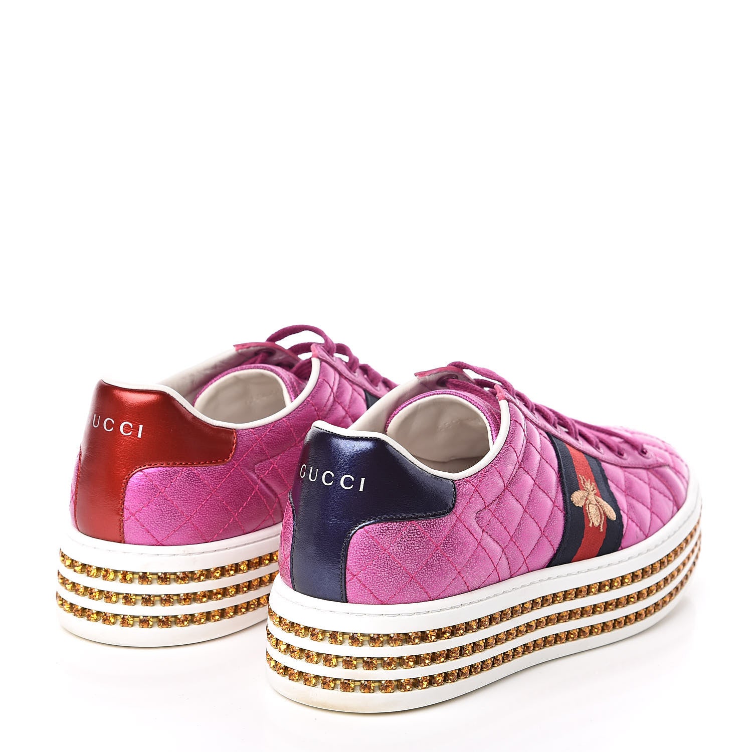 Gucci Laminated Nappa Crystal Web Bee Embroidered Trapuntata Womens Ace Platform Sneakers 38 Fuxia 4 of 10