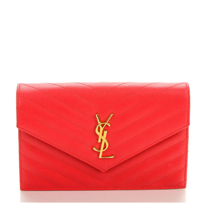 Saint Laurent Grain De Poudre Matelasse Chevron Monogram Envelope Chain Wallet Red 1 of 7