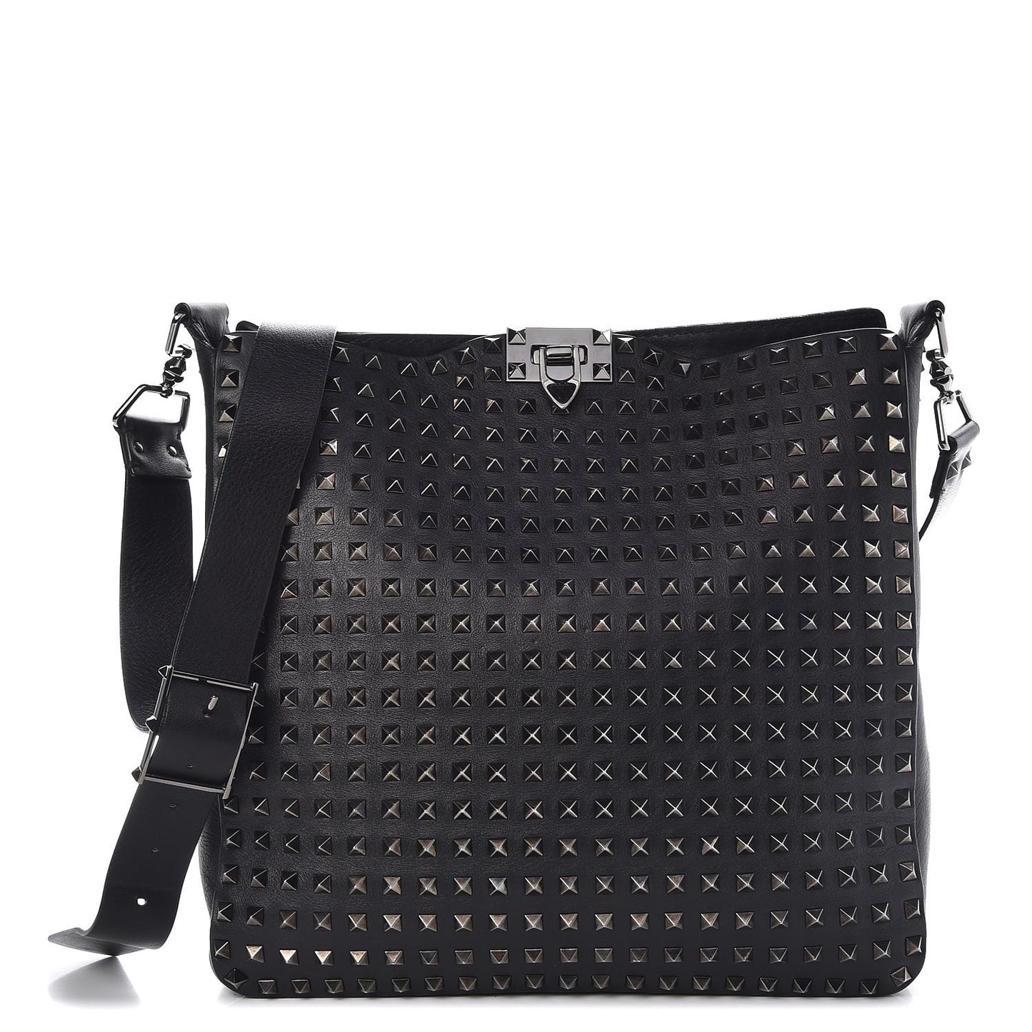 Calfskin Rockstud All Over Flip-Lock Messenger Bag Black