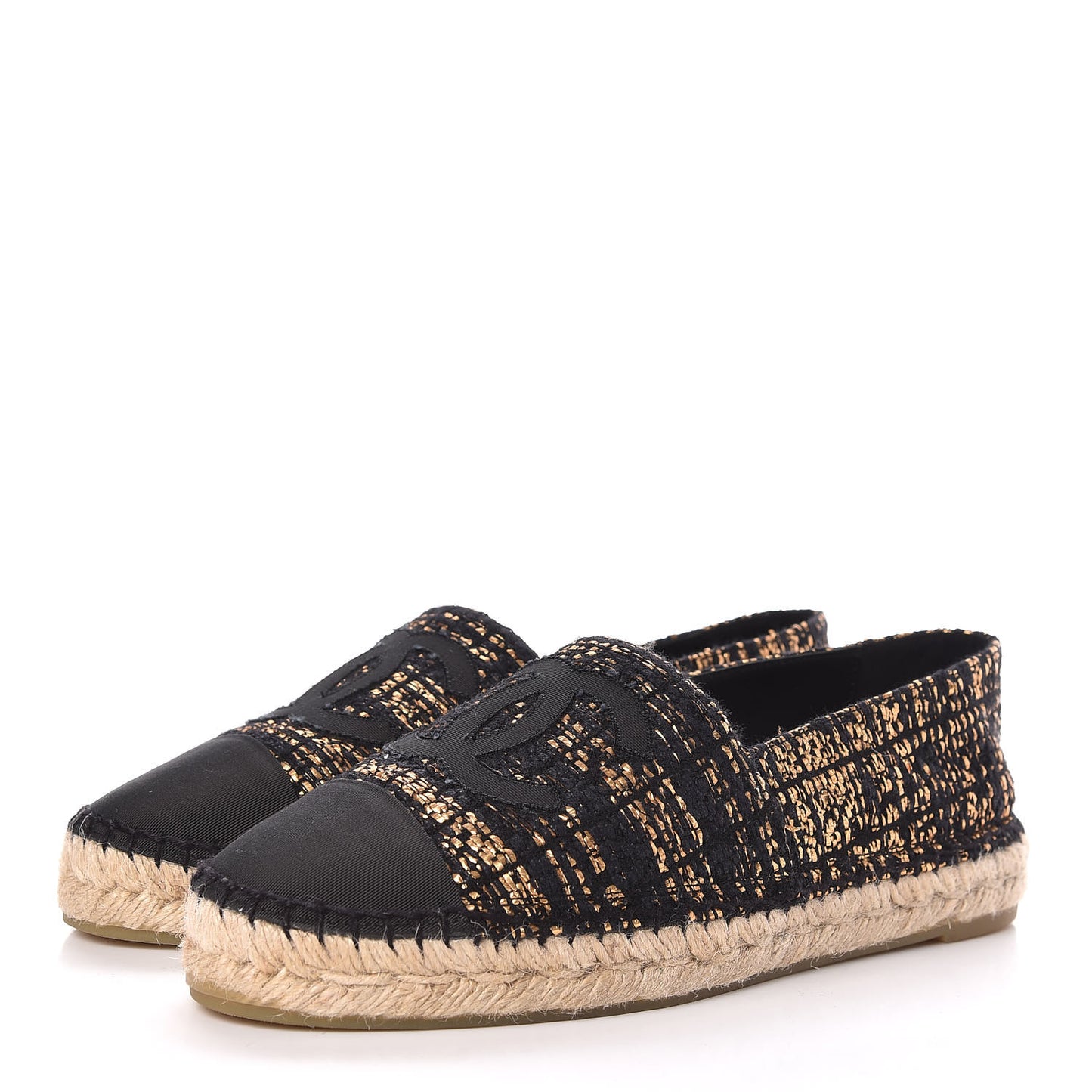Metallic Tweed Grosgrain CC Espadrilles 39 Black Gold
