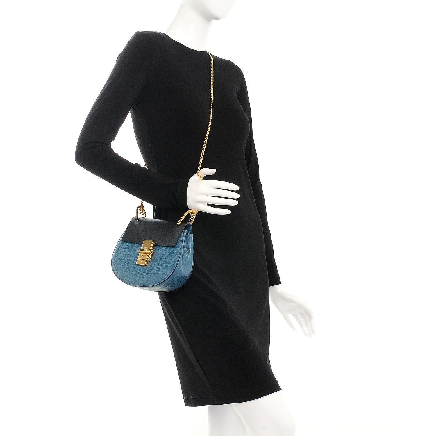 Chloe Grained Calfskin Lambskin Mini Bi-Color Drew Shoulder Bag Blue Black 2 of 7