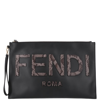 Fendi Vitello King Luxor Elaphe Snakeskin Print Logo Medium Flat Pouch Anthracite Asphalt 1 of 10
