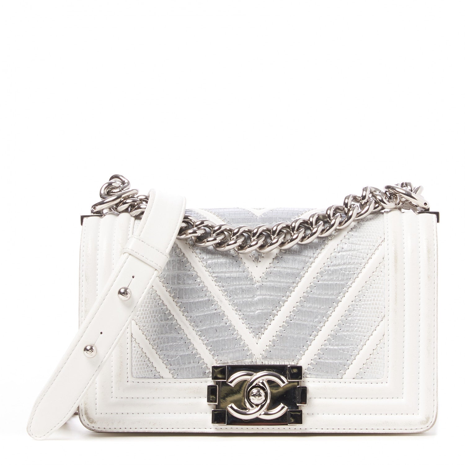 Chanel Lizard Chevron Stitched Small Boy Flap White Silver 1 of 11