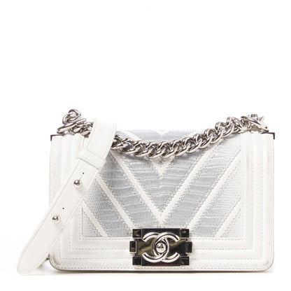 Chanel Lizard Chevron Stitched Small Boy Flap White Silver 1 of 11