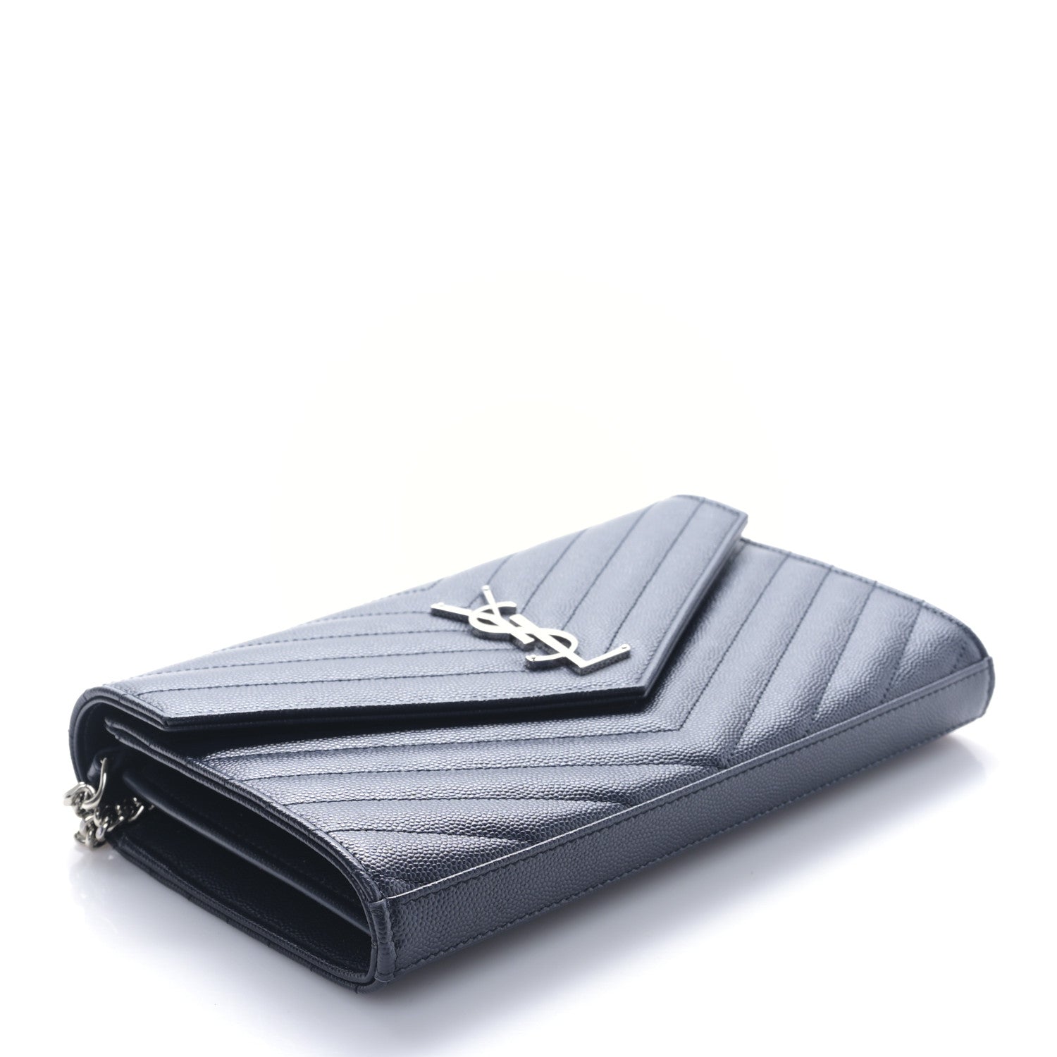 Saint Laurent Grain De Poudre Matelasse Chevron Monogram Chain Wallet Deep Marine 4 of 8