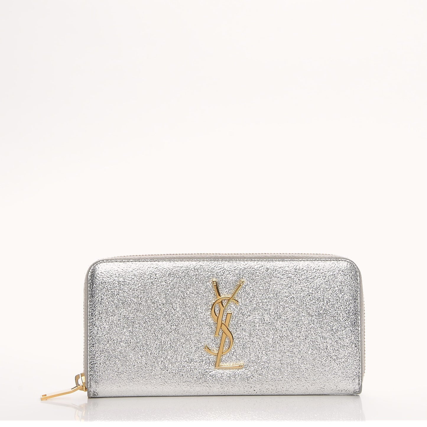 Metallic Calfskin Continental Zip Around Wallet Silver