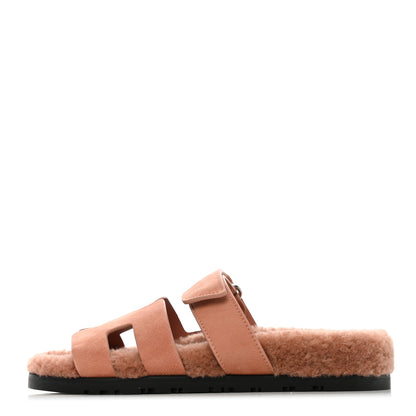 Hermes Suede Goatskin Woolskin Womens Chypre Sandals 38.5 Rose Aube 1 of 10