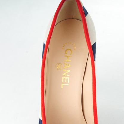 Chanel Suede Cork CC Striped Pumps 39 Navy White 7 of 9