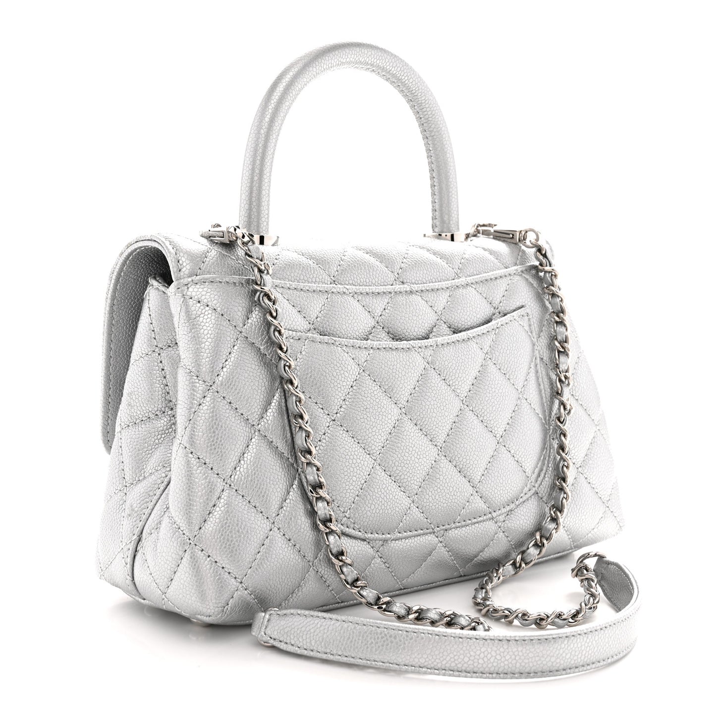 Metallic Caviar Quilted Mini Coco Handle Flap Silver
