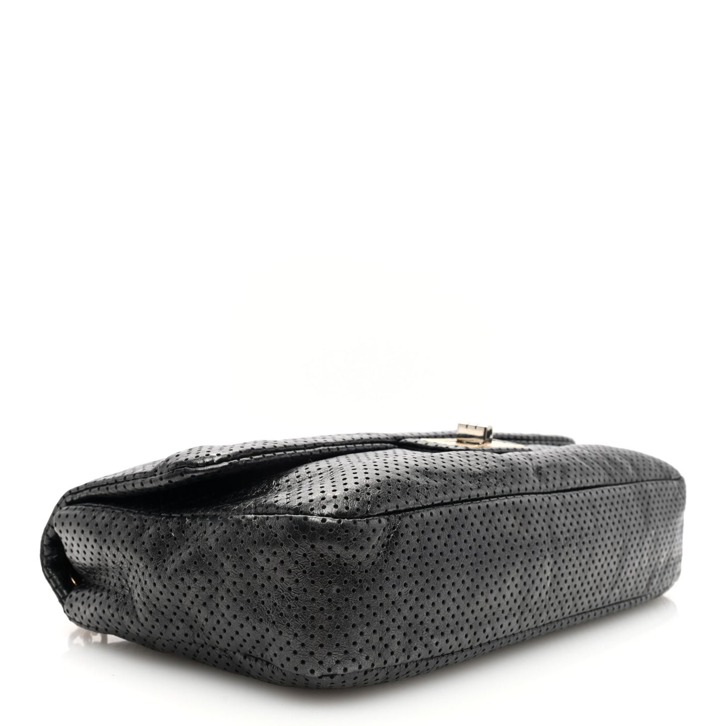 Metallic Crackled Calfskin Large Perforated Drill Flap Black